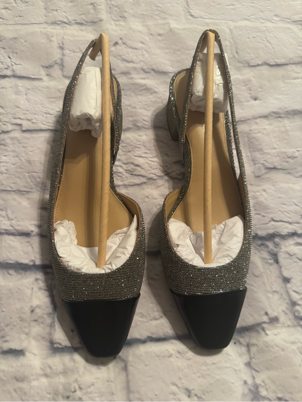 Veronica Beard Silver & Gold Glitter Slingback Flats with Black Toe Cap